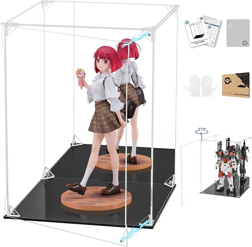 フィギュアケース UVカット アクリルケース マグネット付き 前扉 コレクションケース ディスプレイケース ショーケース 組み立て式 防汚れ 手袋 クリーニングクロス付き (台座黒+背面ミラー, 幅25x奥行25x高さ35cm)