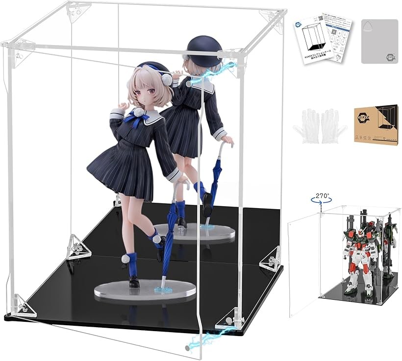 フィギュアケース UVカット アクリルケース マグネット付き 前扉 コレクションケース ディスプレイケース ショーケース 組み立て式 防汚れ 手袋 クリーニングクロス付き (台座黒+背面ミラー, 幅20x奥行20x高さ25cm)