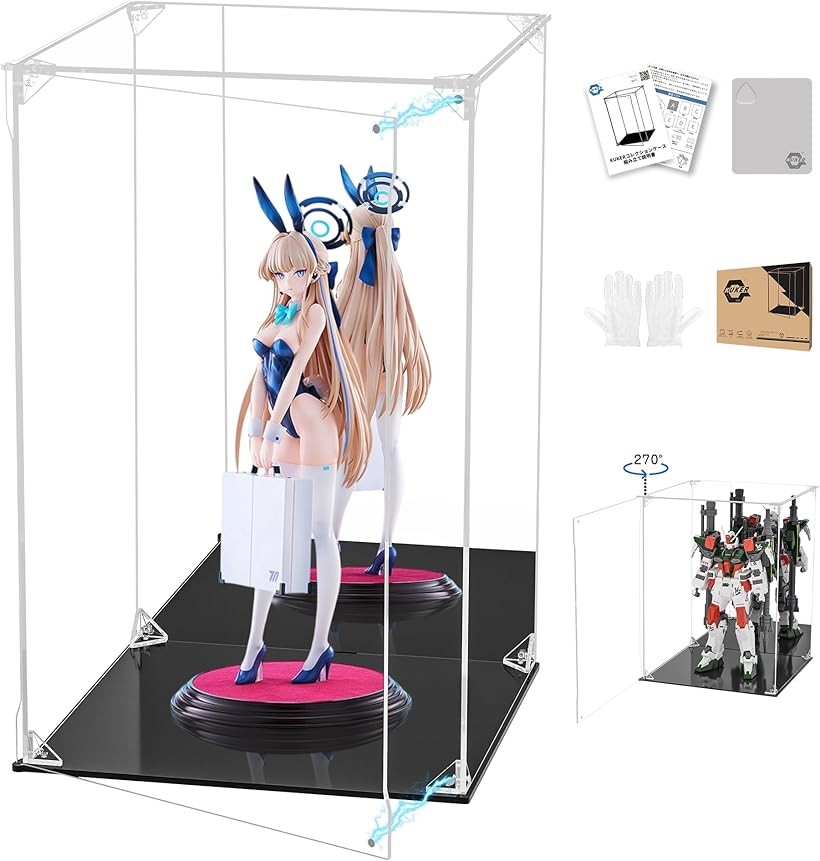 フィギュアケース UVカット アクリルケース マグネット付き 前扉 コレクションケース ディスプレイケース ショーケース 組み立て式 防汚れ 手袋 クリーニングクロス付き (台座黒+背面ミラー, 幅25x奥行25x高さ40cm)