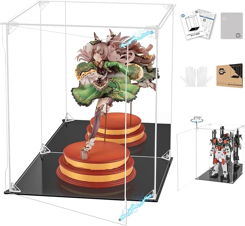 フィギュアケース UVカット アクリルケース マグネット付き 前扉 コレクションケース ディスプレイケース ショーケース 組み立て式 防汚れ 手袋 クリーニングクロス付き (台座黒+背面ミラー, 幅30x奥行30x高さ35cm)
