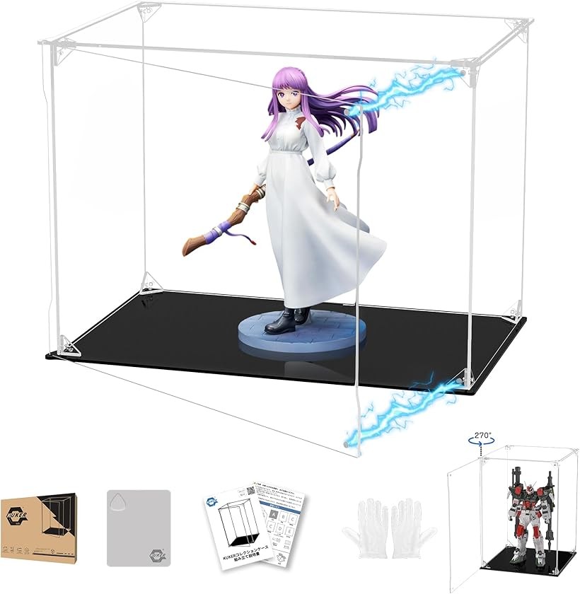 フィギュアケース UVカット アクリルケース マグネット付き 前扉 コレクションケース ディスプレイケース ショーケース 組み立て式 防汚れ 手袋 クリーニングクロス付き (台座黒, 幅40x奥行25x高さ30cm)