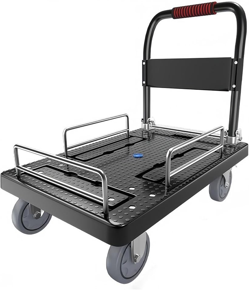 台車 手押し台車 折り畳み式 三面防護柵 360°回転 ブレーキ付き 耐荷重260KG 静音 引っ越し 倉庫 家庭 (ブラック, 幅90x奥行60x高さ82cm)