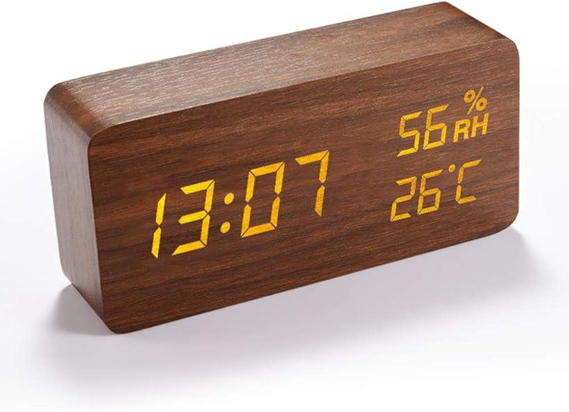 目覚まし時計 木製 大音量 デジタル 置き時計 温度湿度計 MDM( ブラウン)