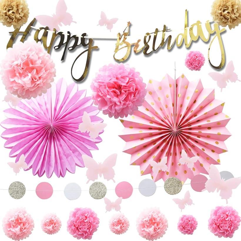 楽天市場 誕生日 飾りつけセット パーティー デコレーション 装飾 ガーランド ポンポン 花 フラワー ピンクxゴールド Reapri