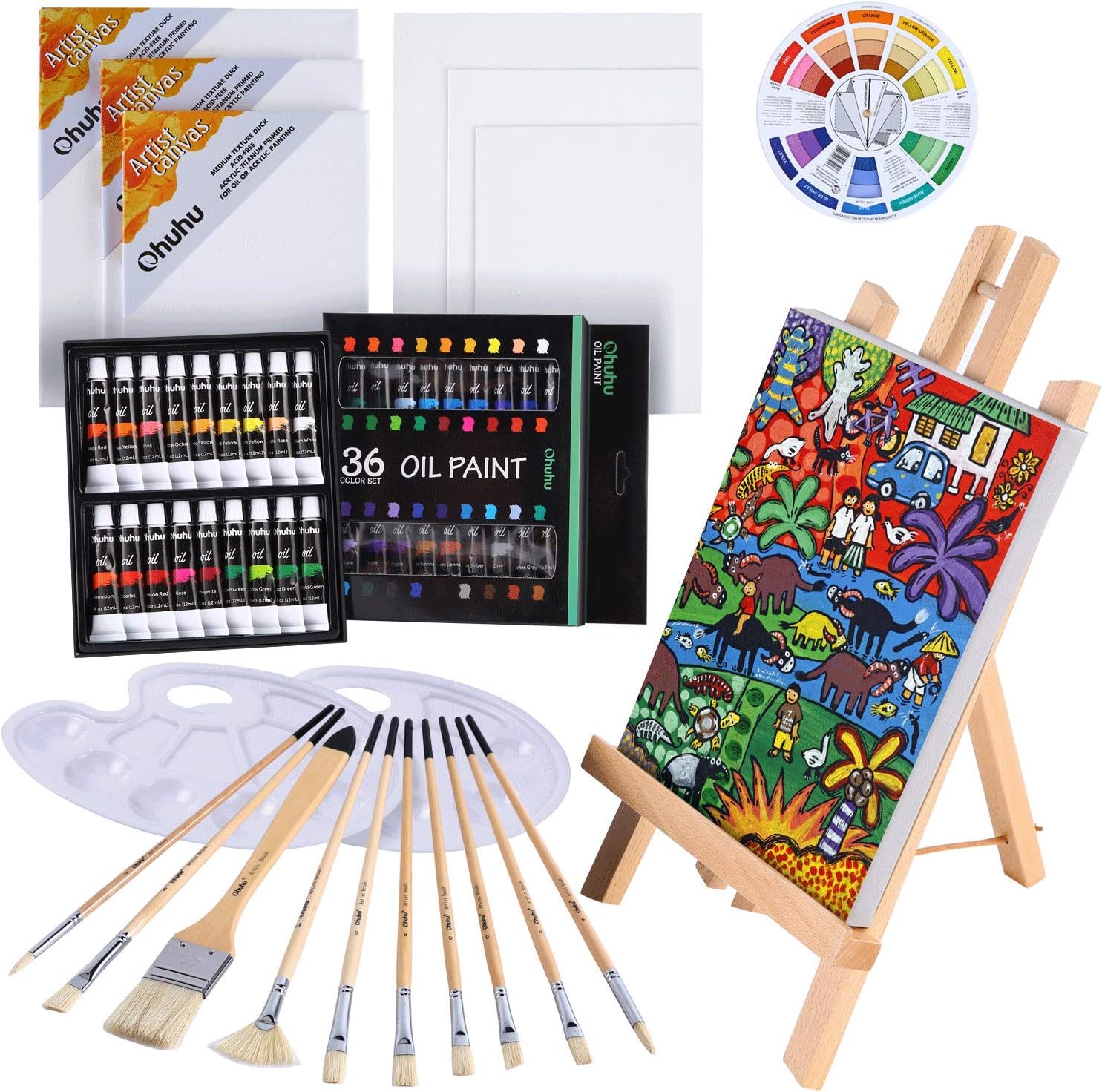 Ohuhu 油絵具 セット 56点セット 36色 油絵 油絵の具 絵画 画材 絵の具セット 初心者 大人 男の子 女の子 木製イーゼル 張りキャンバス 油彩筆 パレット カラーホイール