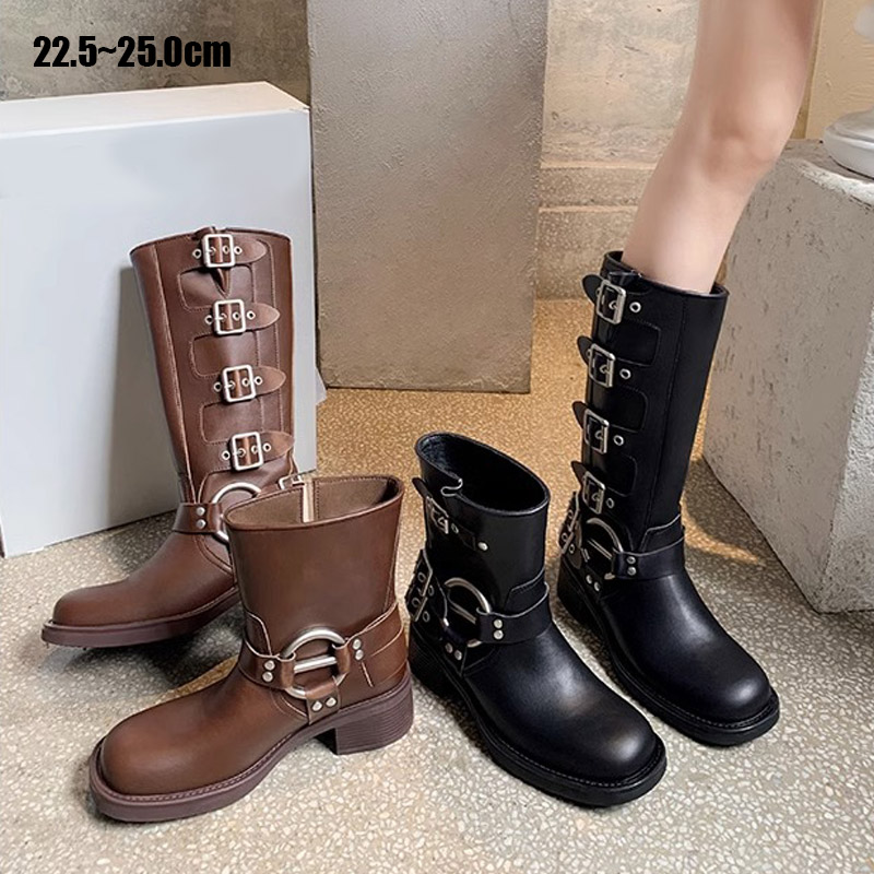 ロングブーツ ロング丈 ショット丈 ショットブーツ ギャル ベルト飾り パンク風 レディース フラットシューズ シンプル 美脚 サイドベルト パンク ローヒール ジョッキーブーツ ロングエンジニアブーツ 大人上品 黒 靴