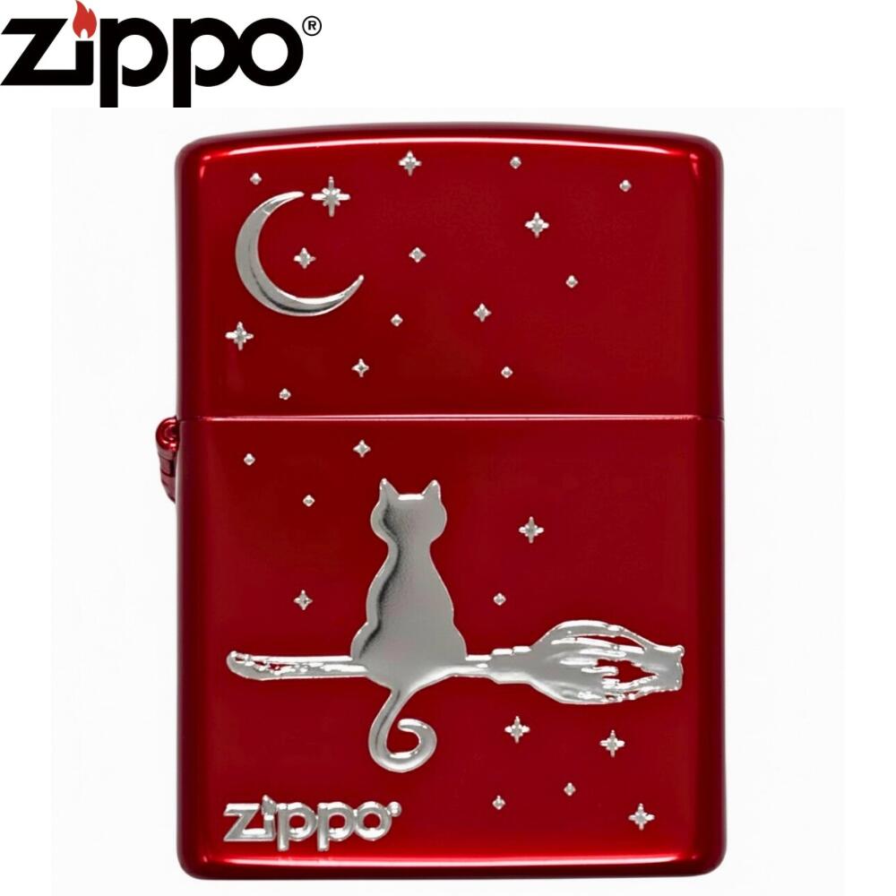 Zippo 2RED-BroomCAT ジッポー 猫 黒猫 ほうき 月 夜空 魔女モチーフ デザイン アート オイルライター 喫煙具 おしゃれ ギフト プレゼント メンズ レディース コレクション zippoライター