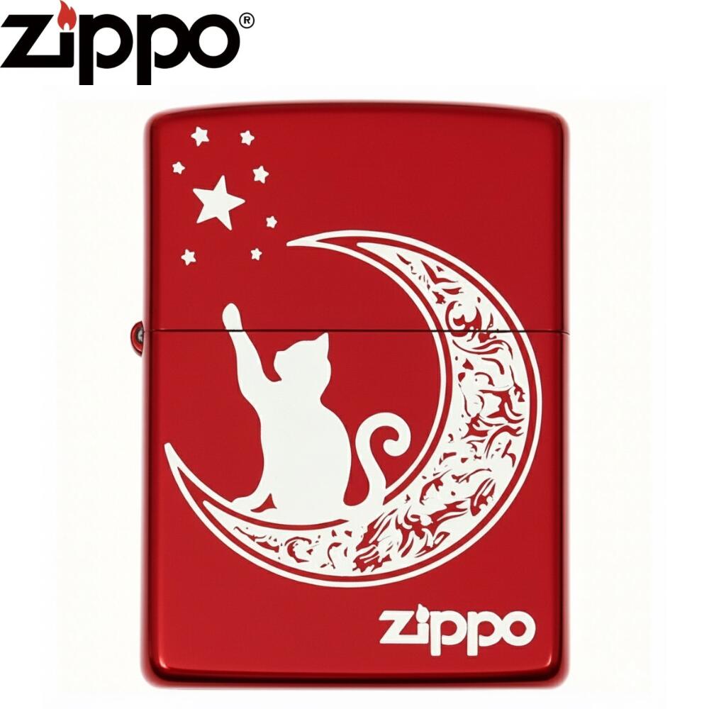 Zippo 2RED-MoonCAT ジッポー 猫 黒猫 月 夜空 シルエット デザイン アート オイルライター 喫煙具 おしゃれ ギフト プレゼント メンズ レディース コレクション zippoライター 星 魔女モチーフ
