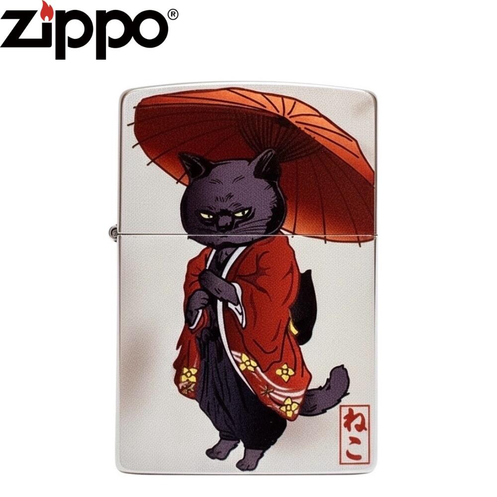 Zippo umbrella cat 猫 和傘 ねこ着物デザイン 和風 アート ジッポ ジッポー オイルライター おしゃれ 喫煙具 ギフト プレゼント メンズ レディース コレクション