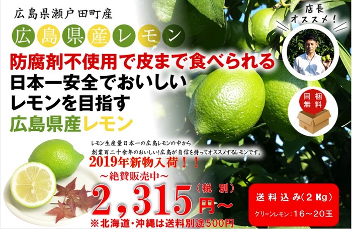 【国産レモン】広島産レモン（露地栽培）防腐剤不使用　良品２kg（約１６〜２０玉）