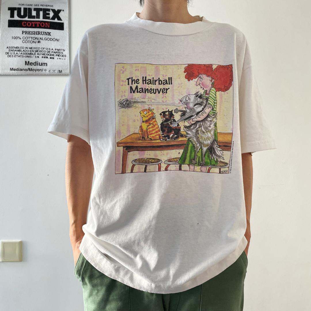 GF843 90s 猫 ねこ 毛玉 ポップ アート Tシャツ イラスト Mサイズ｜福井産米と雑貨 おじま商店