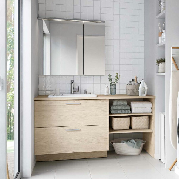 洗面化粧台 ドレーナ 間口1500mm 二段引き出し 木製三面鏡900mm 陶器製広ふかボウル 扉 ラフペールウッド カウンター ラフペールウッド Bouncesociety Com