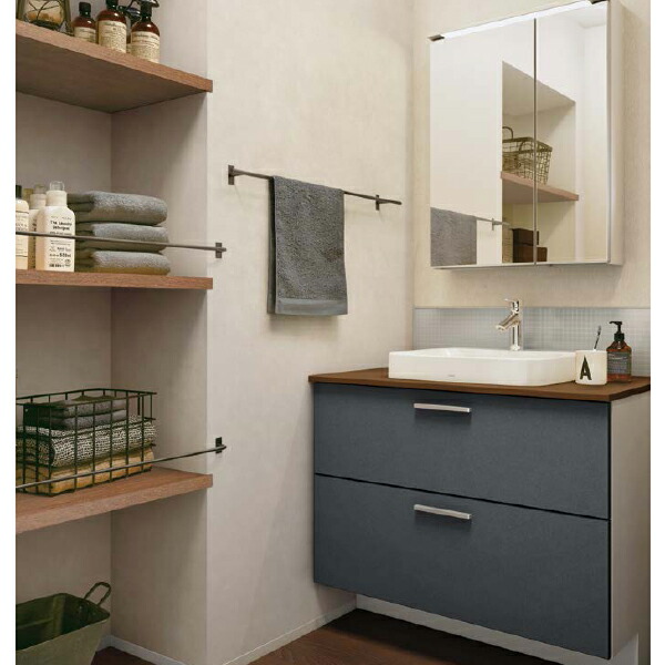 洗面化粧台 ドレーナ 間口900mm 二段引き出し 木製二面鏡600mm 陶器製ベッセル式ボウル 扉 フィブラブラック カウンター ダルブラウン Andapt Com