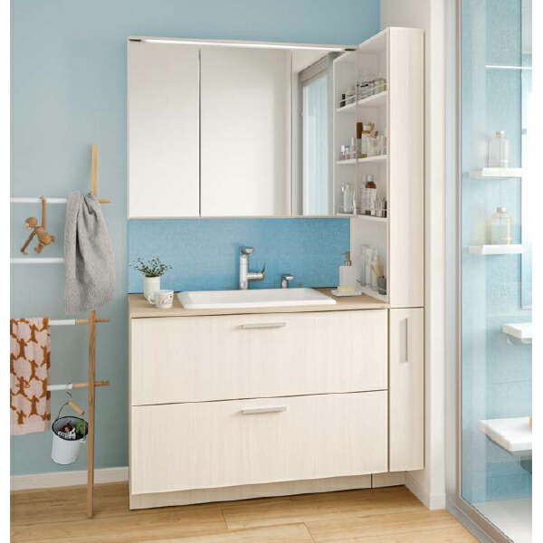 洗面化粧台 ドレーナ 間口1150mm 二段引き出し 木製三面鏡1000mm 陶器製広ふかボウル 扉 ペアホワイトウッド カウンター ライトウッド Antaraglobal Org