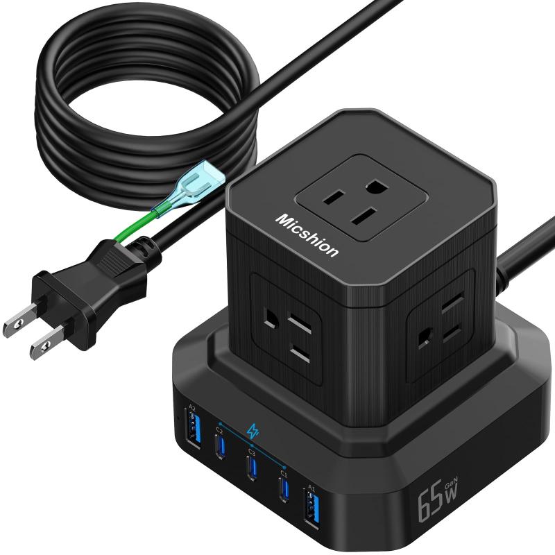 Micshion キューブ型電源タップ Type-C付 延長コード 2m 雷ガード 5個AC口（2400Ｗ) 3個USBポート 1個Type-C コンセントusb付き 電源タップ usb付き タコ足配線 テーブルタップ OAタップ マルチタップ 安