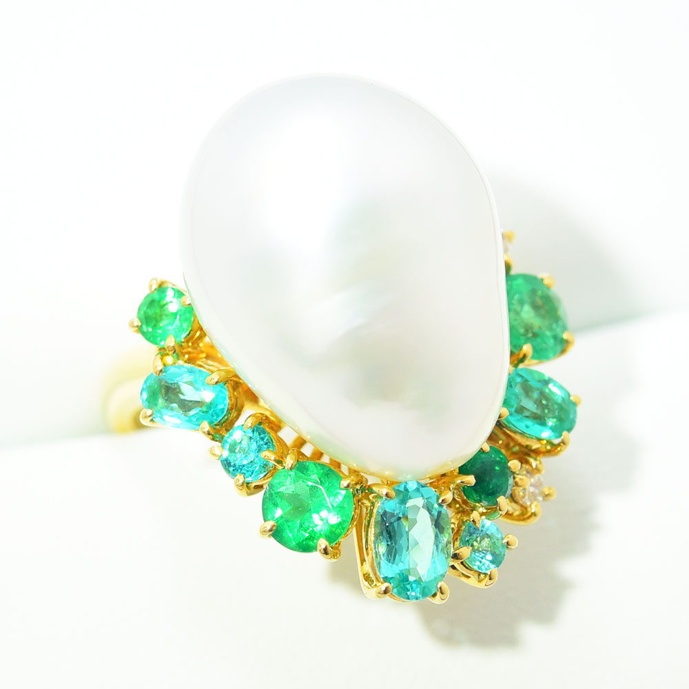 【田崎真珠】　K18 リング エメラルド　3石 12号 田崎真珠】 K18 リング エメラルド 3石 12号