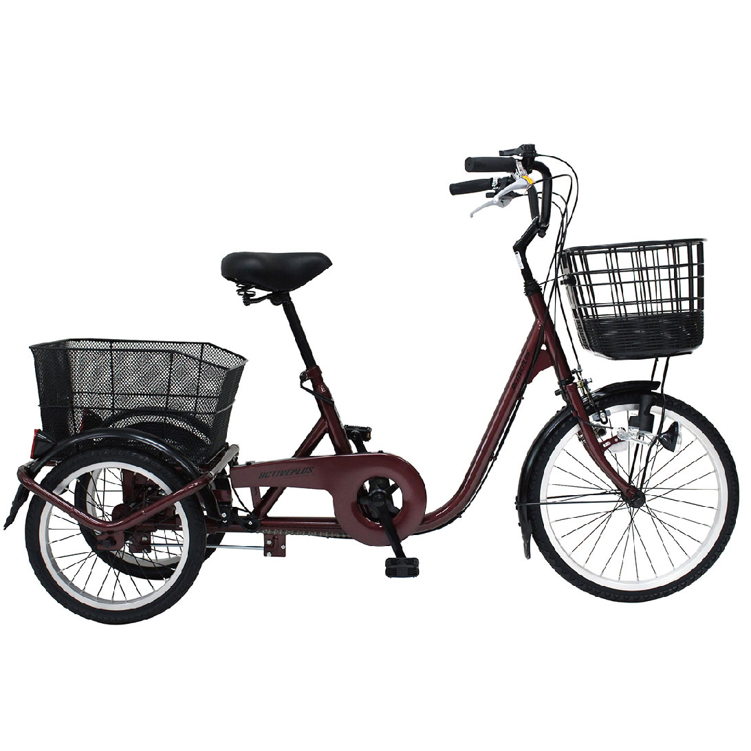【組立サービス】ノーパンク フロント20インチ三輪自転車 スイング機能 MG-TRE20APNL（ワインレッド） ACTIVE PLUS/アクティブプラス ミムゴ 前カゴ 後カゴ リアバスケット LEDライト 低床 シングルギア 安全ロック 安定感 大容量カゴ シニア