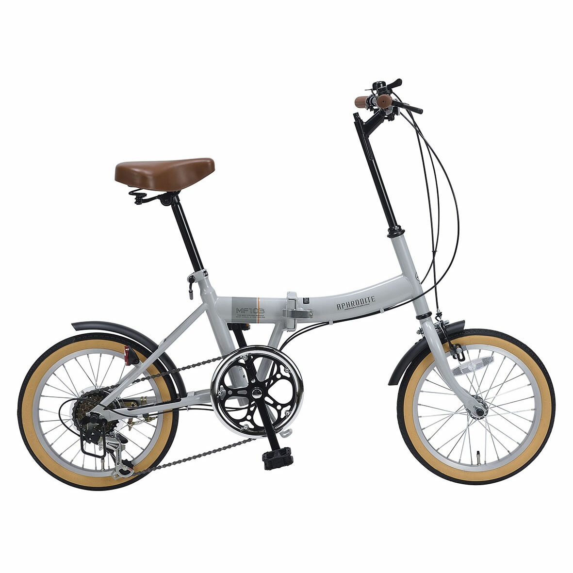 16in折畳銀輪 MF103-GY(グレージュ)6段歯車付マイパラス折りたたみ銀輪 16型 パウダーコンパクト 大型向こう正面歯車 スモールバイシクル