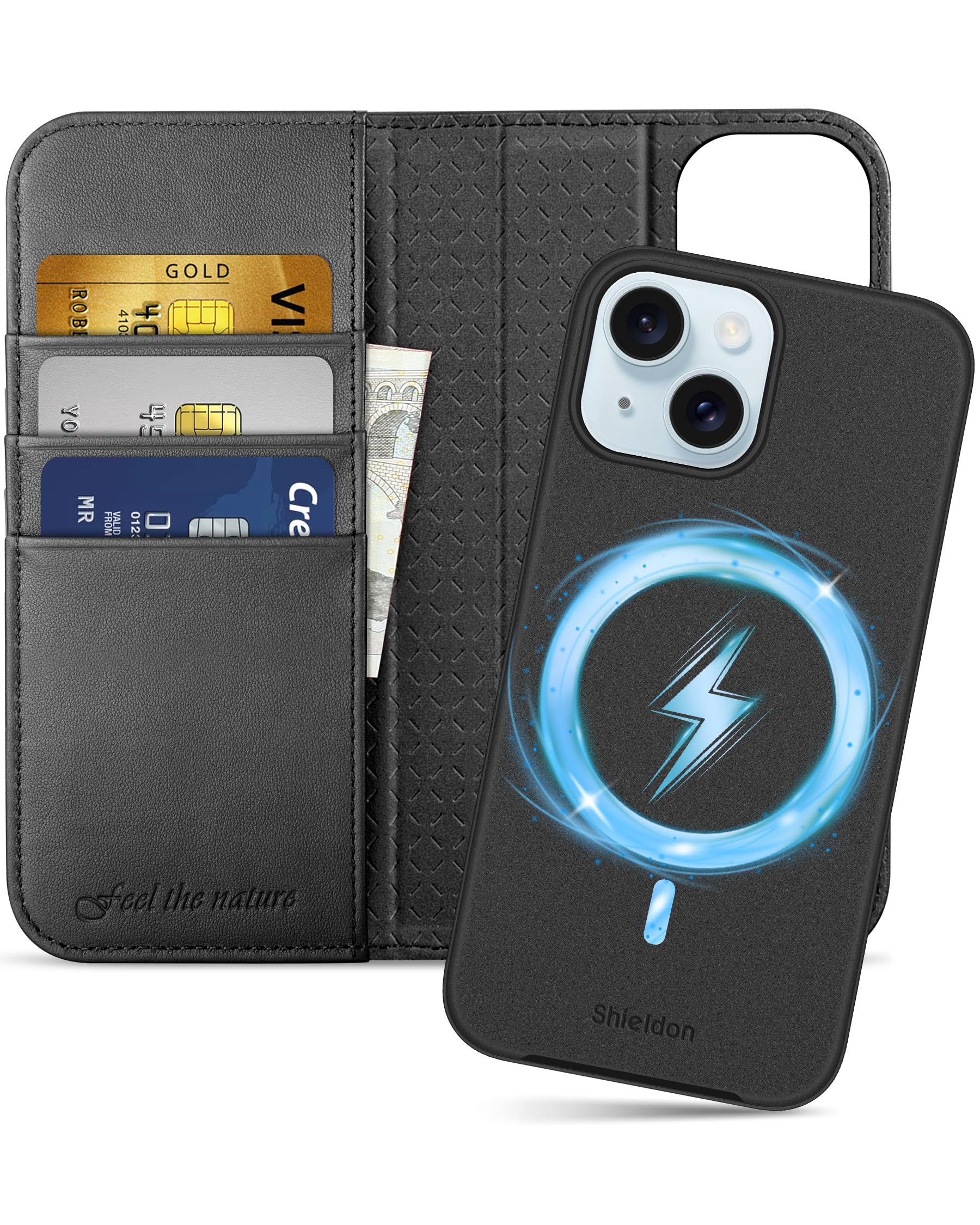 SHIELDON iPhone 15 対応手帳型ケース 2in1分離式 本革 取り外し自由 あいふぉん15 携帯カバー 衝撃吸収 カード収納 横置きスタンド機能 マグネット内蔵 [RFIDブロッキング]全面保護 アイホン15 対応 スマホケース 2023年