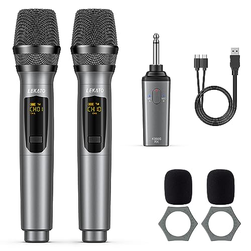 LEKATO K380Sワイヤレスマイク 充電式ダイナミックマイク UHF マイクロフォン 6.35mmレシーバ付き 技適認証済 会議/カラオケマイク/ホームパーティー に大活躍【2本セット】