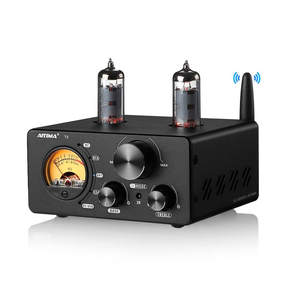 AIYIMA T9 Bluetooth 5.0 100W*2チューブアンプ 2.0チャンネル 真空管 USB DACステレオHiFiホームオーディオデジタルアンプ RCA/COA/Opt/PC-USB、VUメータ付き