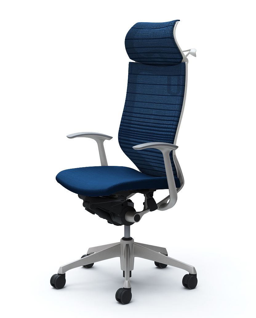 オカムラ Baron バロン チェア エクストラハイバック 固定ヘッドレスト ハンガー付 グラデーションサポートメッシュ デザインアーム シルバーフレーム ホワイトボディ クッション座 ナイロンキャスター CP48DW