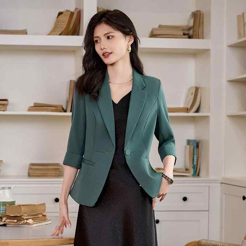 テーラードジャケット レディース 女性用 七分袖 ショート丈 スリム 細身 フィット 1つボタン ポケット 無地 ポリエステル スパンデックス ノーアイロン しわになりにくい 通勤 オフィス ビジネス きれいめ 上品 春夏 小柄向け 黒 緑
