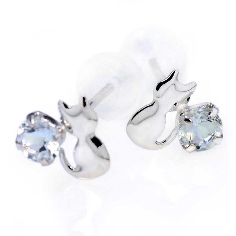 プラチナ 猫 シルエット キャット 両耳用 ネコ ピアス スタッド ピアス 雑貨 3月 誕生石 アクアマリン|櫻花舎店