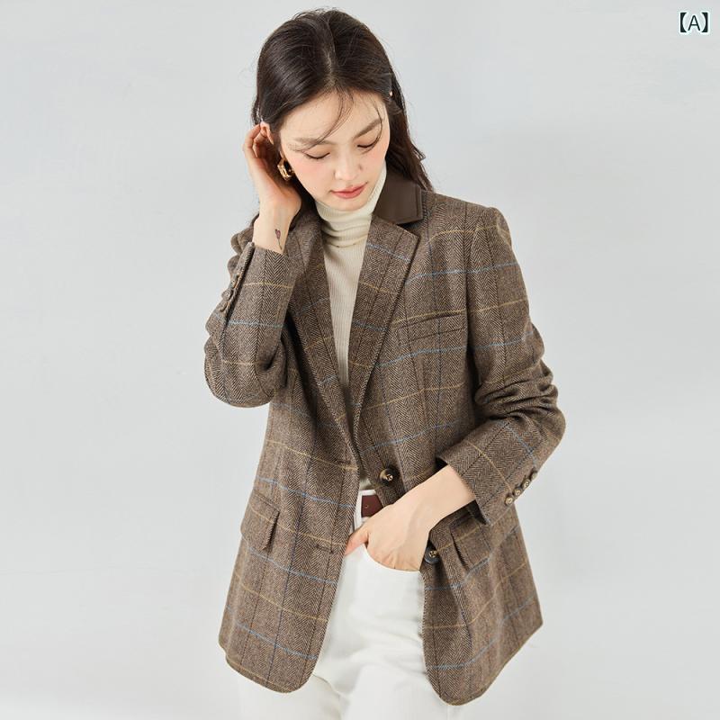 ジャケット レディース チェック柄 ゆったり ワイドシルエット 長袖 ストレート袖 ノッチラペル シングルブレスト ブラウン 通勤 上品 カジュアル ウール ポリエステル ミドル丈 秋