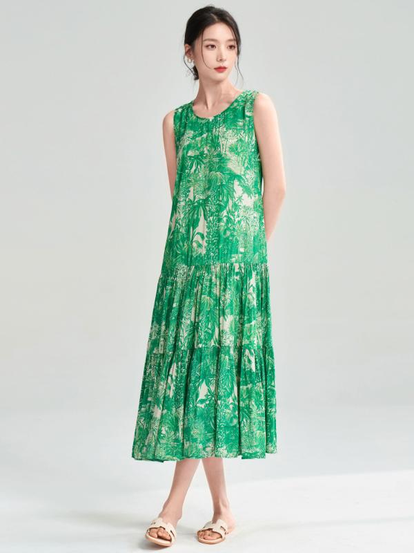 ワンピース 夏 ボヘミアン ビーチ リゾート ノースリーブ ロングドレス 緑 植物 花柄 プリント ボリュームスカート レイヨン ゆったり ラウンドネック