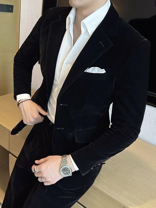 スーツ メンズ ベルベット 高級感 結婚式 礼服 カジュアル セット 黒 秋 スリムフィット シングルブレスト ノッチラペル アセテート繊維 化学繊維混紡 ライトビジネス バックスリット ボタン装飾 普段使い フォーマル｜櫻花舎店 9,477円