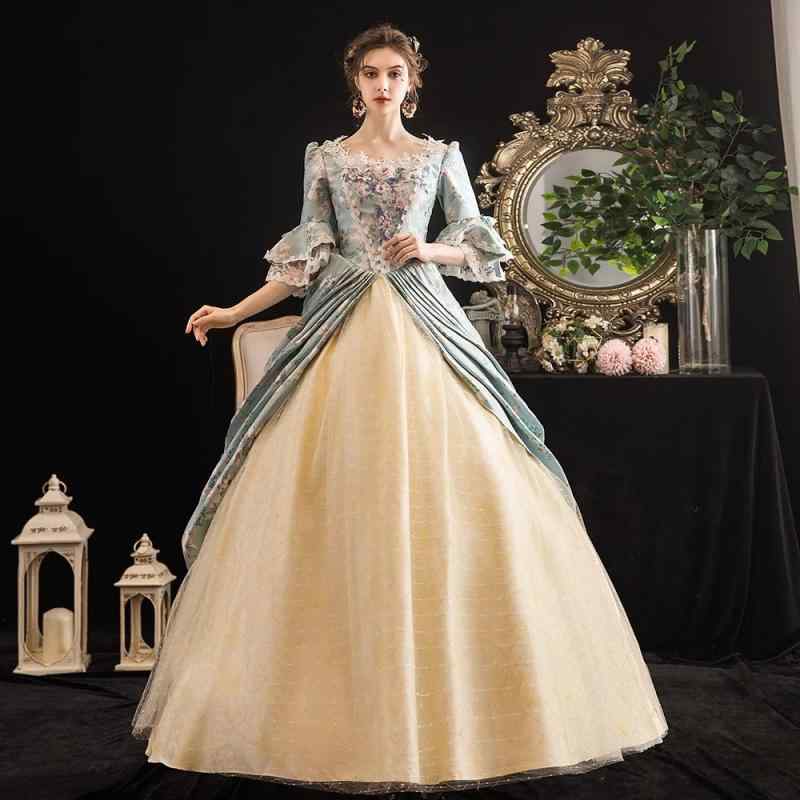 ドレス レディース ヨーロピアン 中世 宮廷 貴族 プリンセス 優雅 シャンパン サテン 伸縮性 舞踏会 演劇 パーティー 写真撮影 コスチューム イブニング ロング フェミニン スタイリッシュ フォーマル