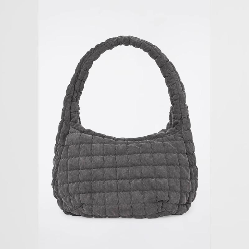 トートバッグ メンズ レディース デニムグレー キャンバス 軽量 キルティング ステッチ フリンジ 切り替え 単肩 大容量 中型 饅頭型 柔らかい 立体 内部ポケット 普段使い