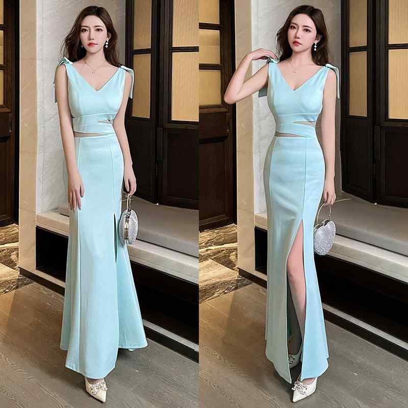 ロングドレス レディース Vネック ノースリーブ ロング丈 スリム 包臀 シンプル セクシー 高級感 ナイト スパ 仕事服 夏 ポリエステル ストレッチ 無地 ミッドウエスト かわいい 黒 白 ライトブルー