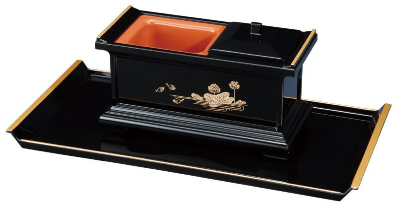 焼香盆セット 7.0寸 黒(フチ金) 蓮 大 4720002｜櫻花舎店