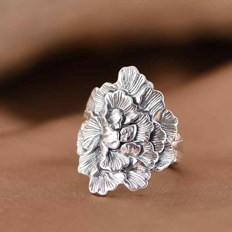指輪 レディース レトロ 牡丹 ワイド シルバー オープン フラワー アクセサリー ファッション おしゃれ かわいい 普段使い ボタニカル｜櫻花舎店