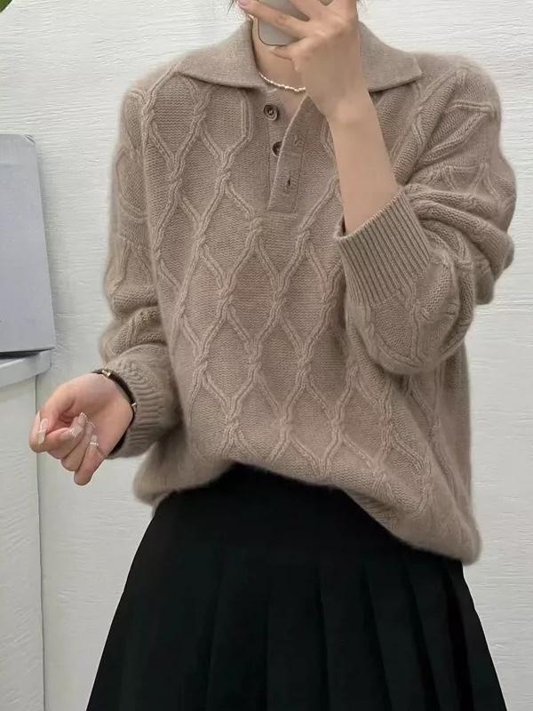 プルオーバー レディース POLOのど首 名取り草 羊毛 編み物 ティーシャツ ゆったり 心地よい もの柔らか 生あたたかい 下着類 通い ベージュ 駱駝