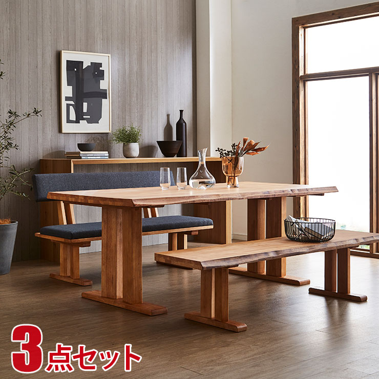 ダイニングテーブル ダイニングセット テーブルセット 黄王 3点セット(幅180テーブル+背付ベンチ+ベンチ) 幅180 ダイニングテーブルセット 一枚板風 無垢 天然木 和風 和モダン おしゃれ テーブル 食卓 在宅 リモートワーク 輸入品