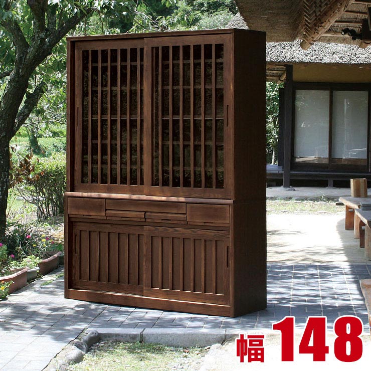 ★最大1万円OFFクーポン★食器棚 大川家具 収納 引き戸 スライド 完成品 150 和風 タモ 無垢材 茶だんす 茶々 幅148cm ダイニングボード カップボード キッチンボード 日本製 完成品 日本製｜大川家具工房