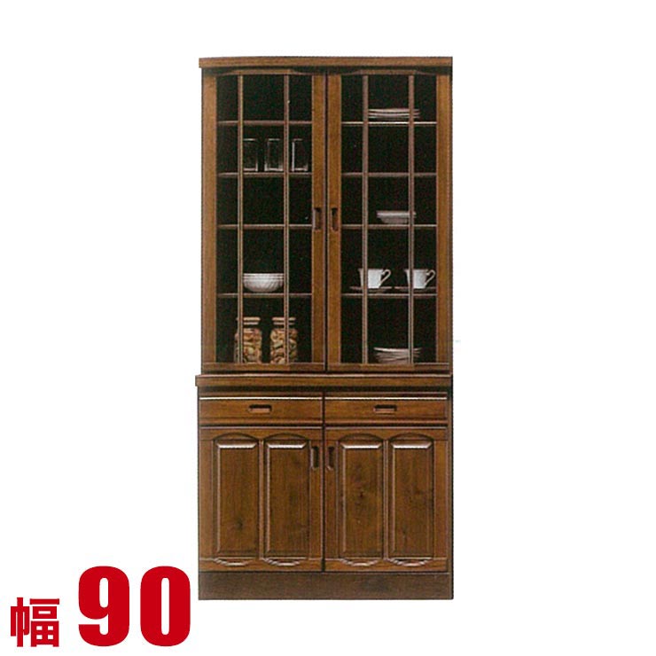 ★最大1万円OFFクーポン★食器棚 大川家具 収納 完成品 90 キッチンボード ブラウン アンティーク調の高級感ある食器棚 サンタナ ダイニングボード 幅89cm キッチン収納 完成品 日本製｜大川家具工房