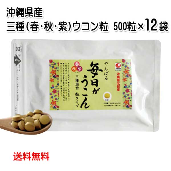 沖縄県北部産 やんばる毎日がウコン粒 袋入り 500粒×12袋 (秋ウコン・春ウコン・紫ウコン 3種ウコン) 送料無料)クルクミン ミネラル
