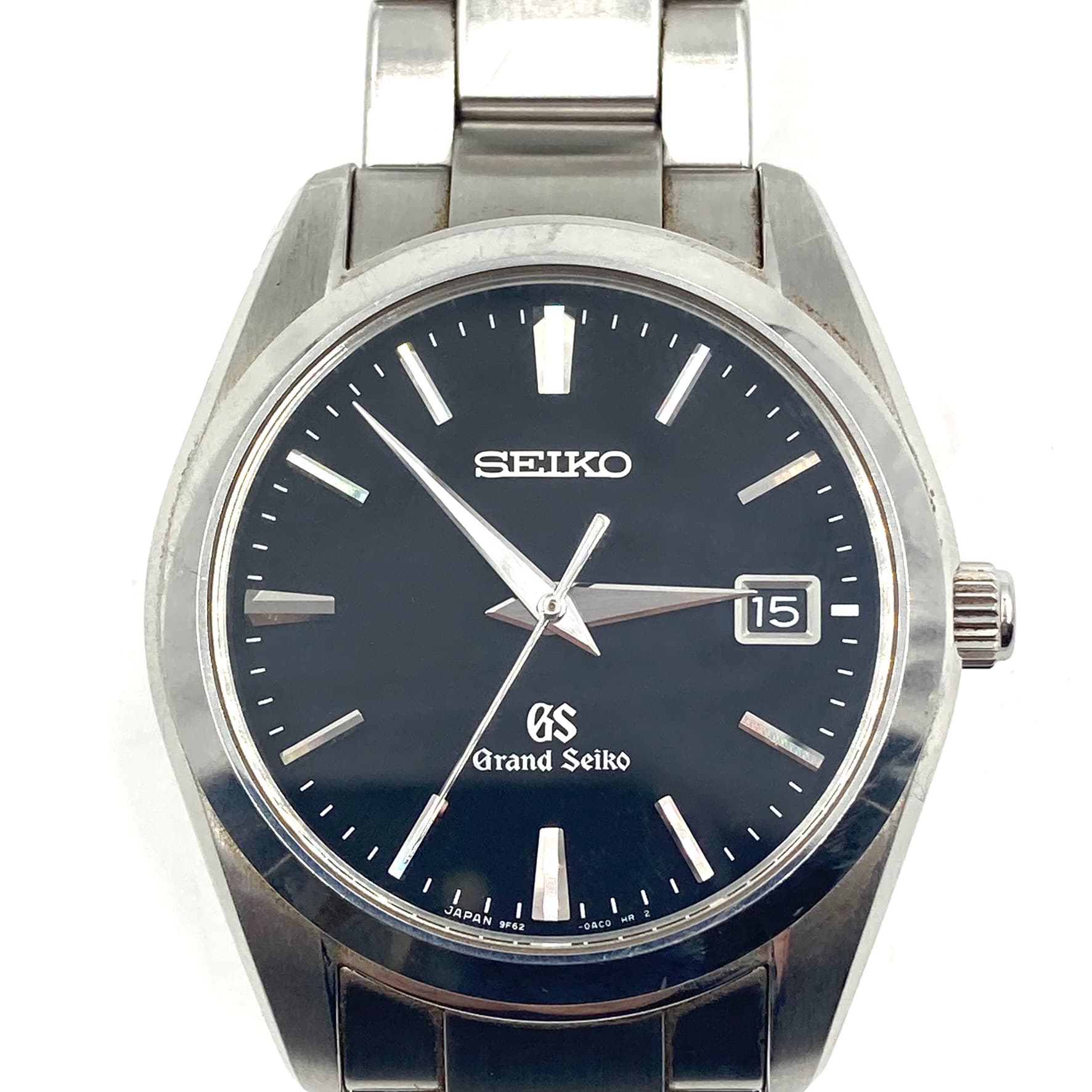 位置づけるB 地びたセイコー Grand Seiko GS 9f 9F62-0AB0 しろがね色 黒文字盤 ステンレス鋼 高正確性 石英 独居室式 日本製 御前上等 ブランド名 メンズ ウオッチ 薄型 定番ひな形 分かりやすい 背広 フォーマル 成人男性用 ドレスウォッチ 実用性 商行為 事務室 標準尺度【中古】