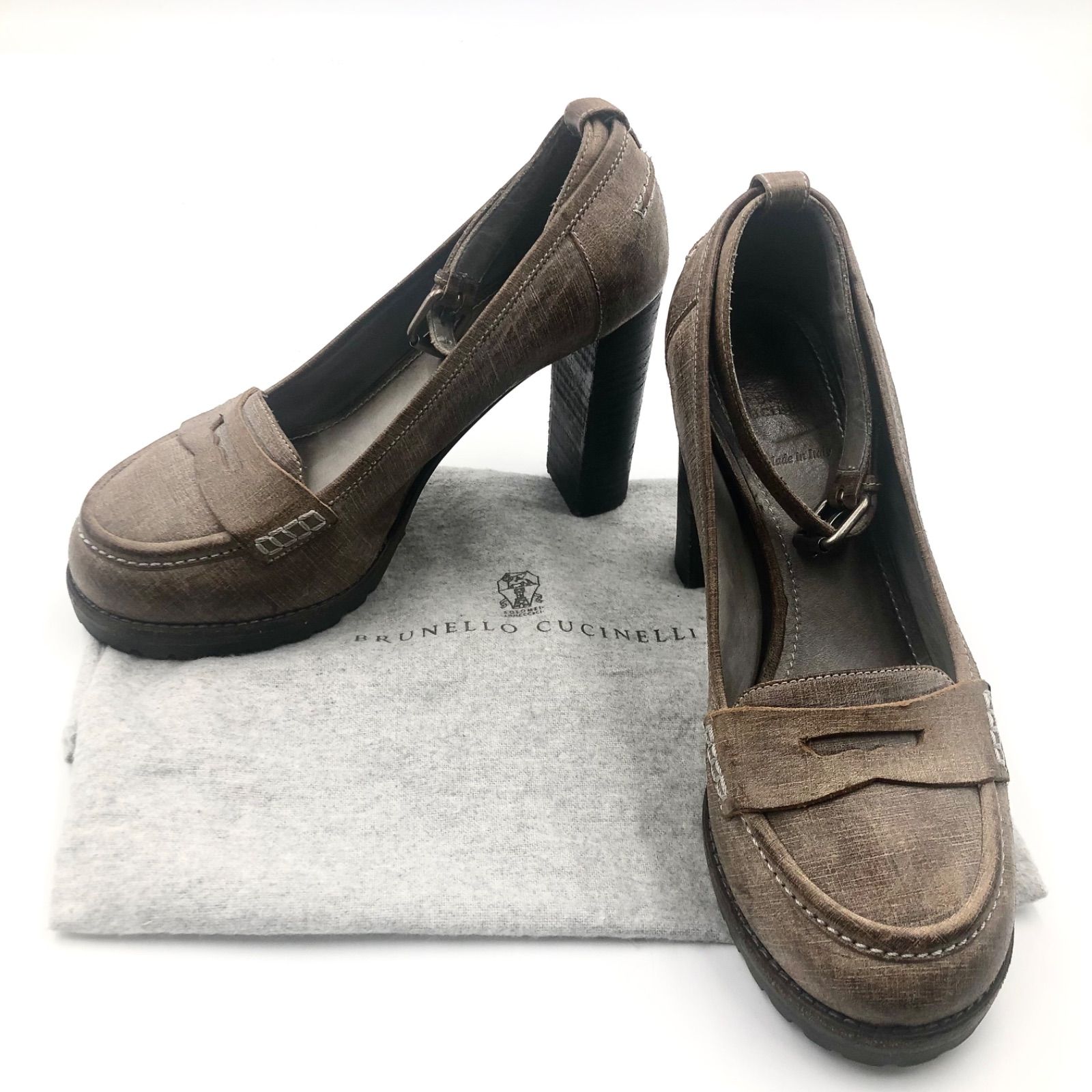 【中古】ランクAB BRUNELLO CUCINELLI ブルネロクチネリ ブラウン 茶色 ローファー コインローファー ラウンドトゥ パンプス バックストラップ チャンキーヒール プラットフォーム 太ヒール 厚底 レディース 上質 本革 レザー イタリア製 美シルエット 23～23.5cm ヒール10cm