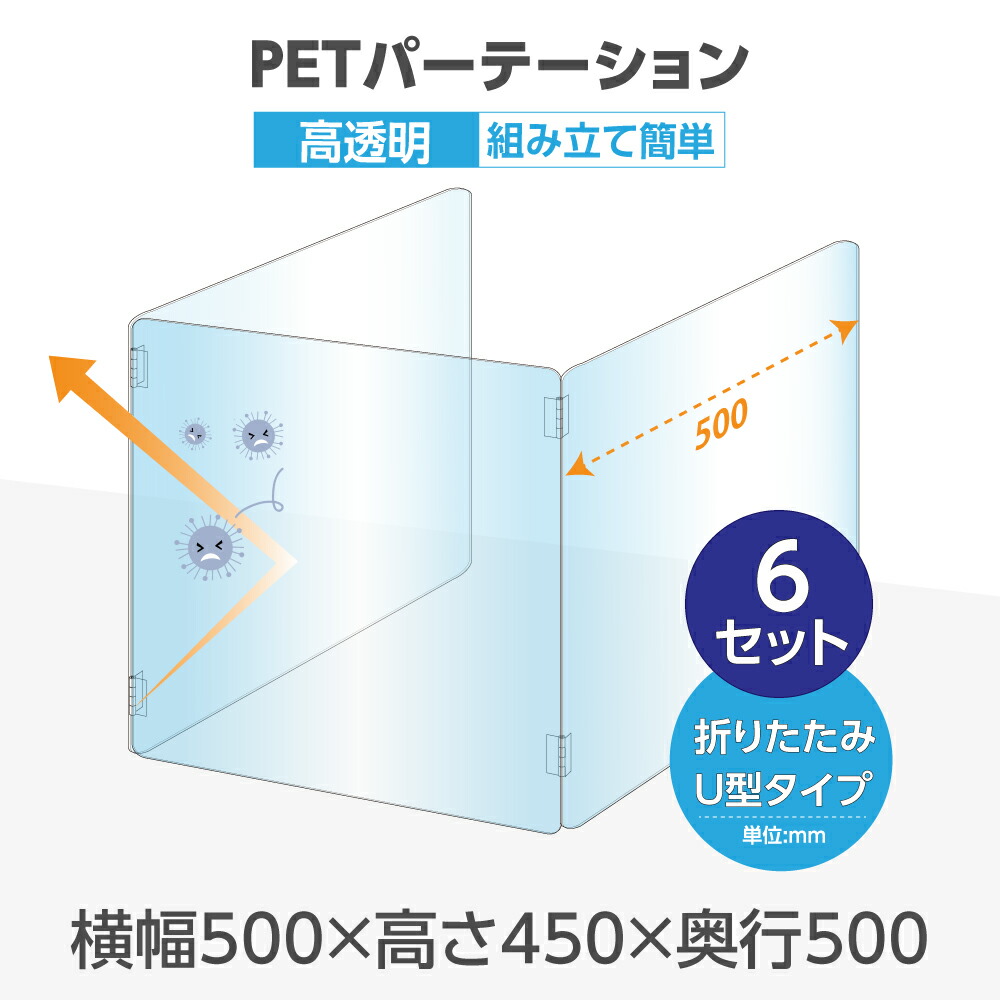 U字型 透明 3面タイプ PETパーテーション pet2-u5050-4set オフィス コの字 仕切り板 会社 卓上 受付 学校 折り畳み  板厚2mm 横幅500mm×高さ450mm×奥行500mm 衝立 送料無料 透明パーテーション 間仕切り 飲食店 名作 PETパーテーション