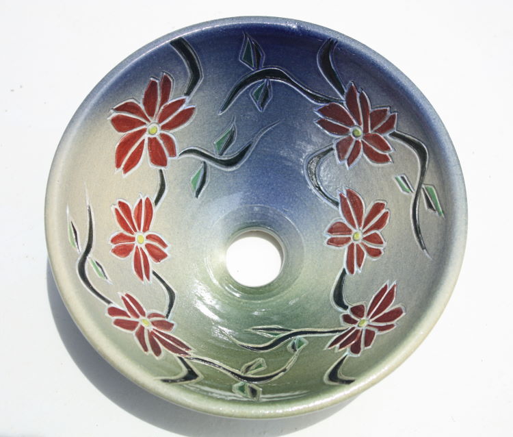 datta.沖縄南の島陶芸工房 |datta 紅型模様洗面鉢NO-２０３/洗面ボウル・洗面器・手洗い鉢・手洗いボウル/送料無料/沖縄陶器やちむん/ヤチムン