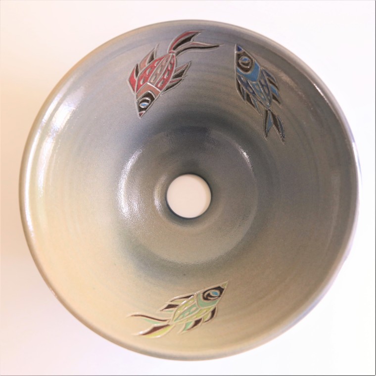 datta.沖縄南の島陶芸工房 |datta やちむんボウル 洗面ボウル 紅型模様洗面鉢 NO-226 沖縄陶器ヤチムン 洗面器 手洗い鉢 手洗いボウル 魚柄 送料無料