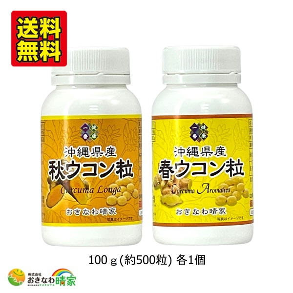 沖縄県産 秋ウコン粒 ＆ 春ウコン粒 セット 100g 各1個 500粒 国産 ウコン クルクミン サプリメント 粒タイプ 秋 春 うっちん 沖縄産 やんばる ウコン 美容 健康 錠剤 琉球 サプリ お酒 アルコール 飲み過ぎ 二日酔い 送料無料 沖縄 ウコン堂
