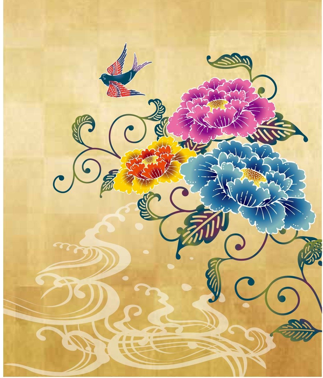 琉球紅型 名取り草（ぼたん）と鳥の壁紙 沖縄ひな型壁紙 晴れ晴れしいな差し交わす