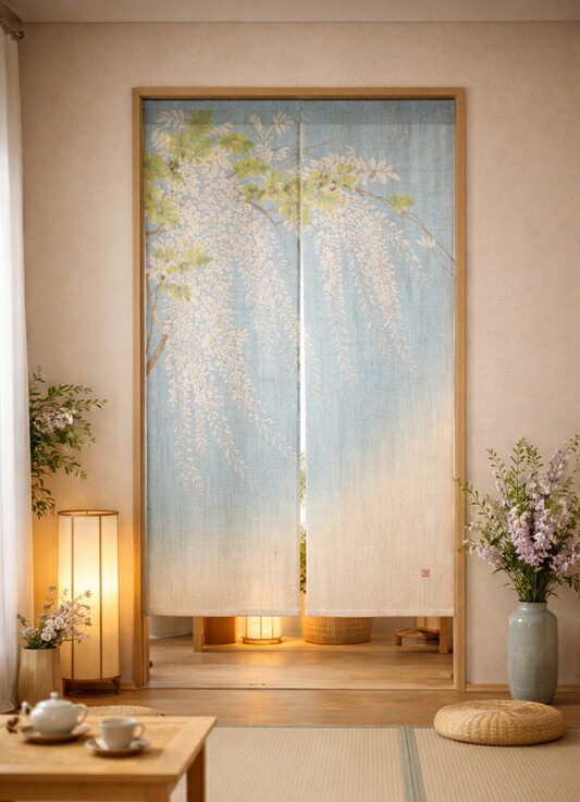 信憑 のれん 藤柄 88×150糎 和風 和今めかしい 麻100％ 中仕切り 今めかしい 青色 グラデーション 自然的 室内装飾