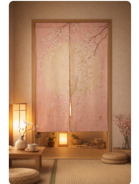 貸し のれん 桜柄 和風 サクラ色 88×150糎 麻100％ 中仕切り 和今めかしい 春 さくら 花柄 つつみ隠し 今めかしい 部屋の入り口 勝手もと リビング